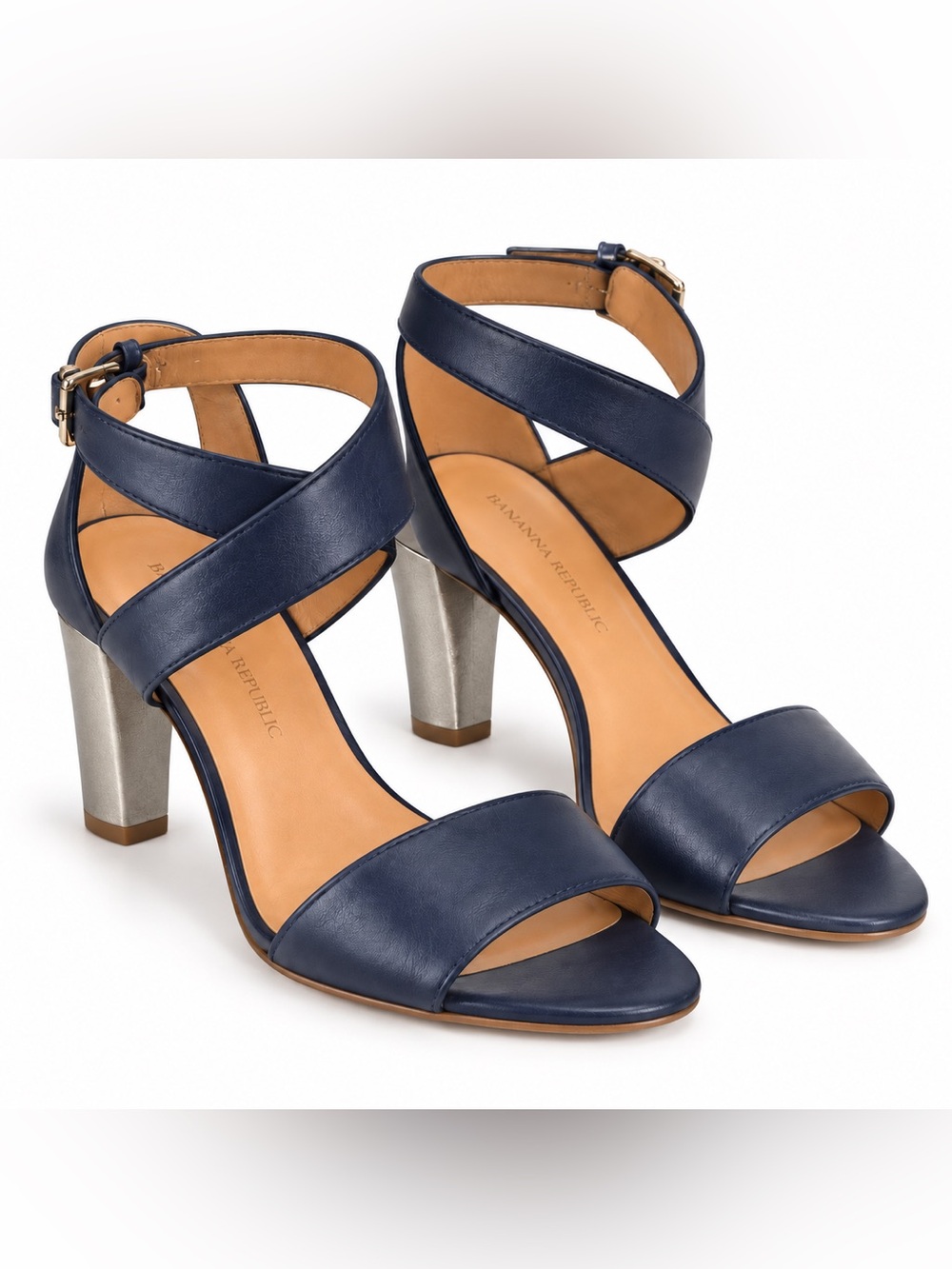 Banana Republic Samanda Navy Leather Pewter Block Heel Sandals Size 9.5